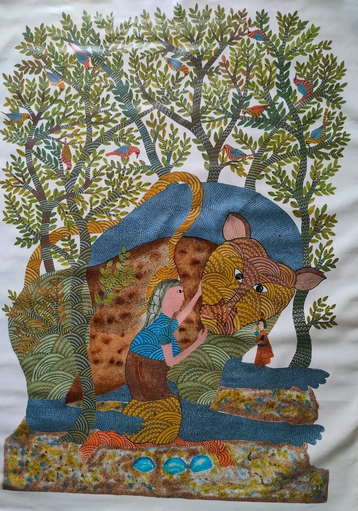 Mansutiya and Tiger in Gond by Sukhiram Maravi Thumbnail