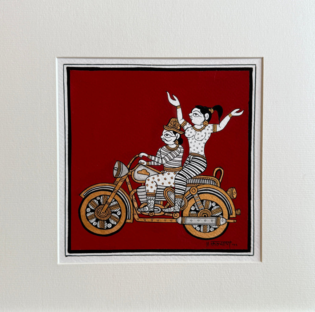 Modern Love: Lovers riding a Bike in Phad Painting by Kalyan Joshi Thumbnail