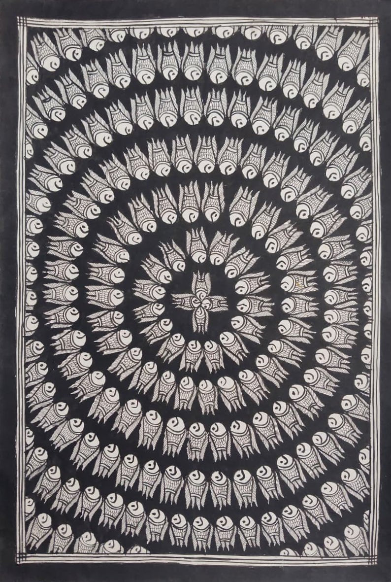 Monochromatic Rhythms: Fish Mandala in Madhubani by Ambika Devi Thumbnail
