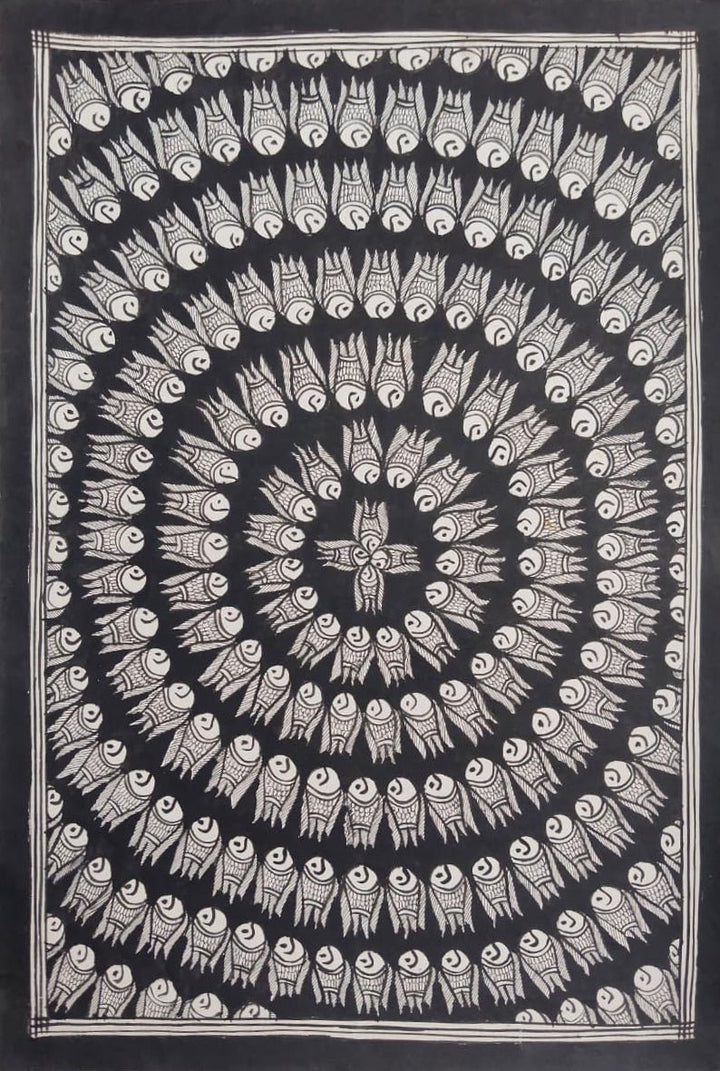 Monochromatic Rhythms: Fish Mandala in Madhubani by Ambika Devi Thumbnail