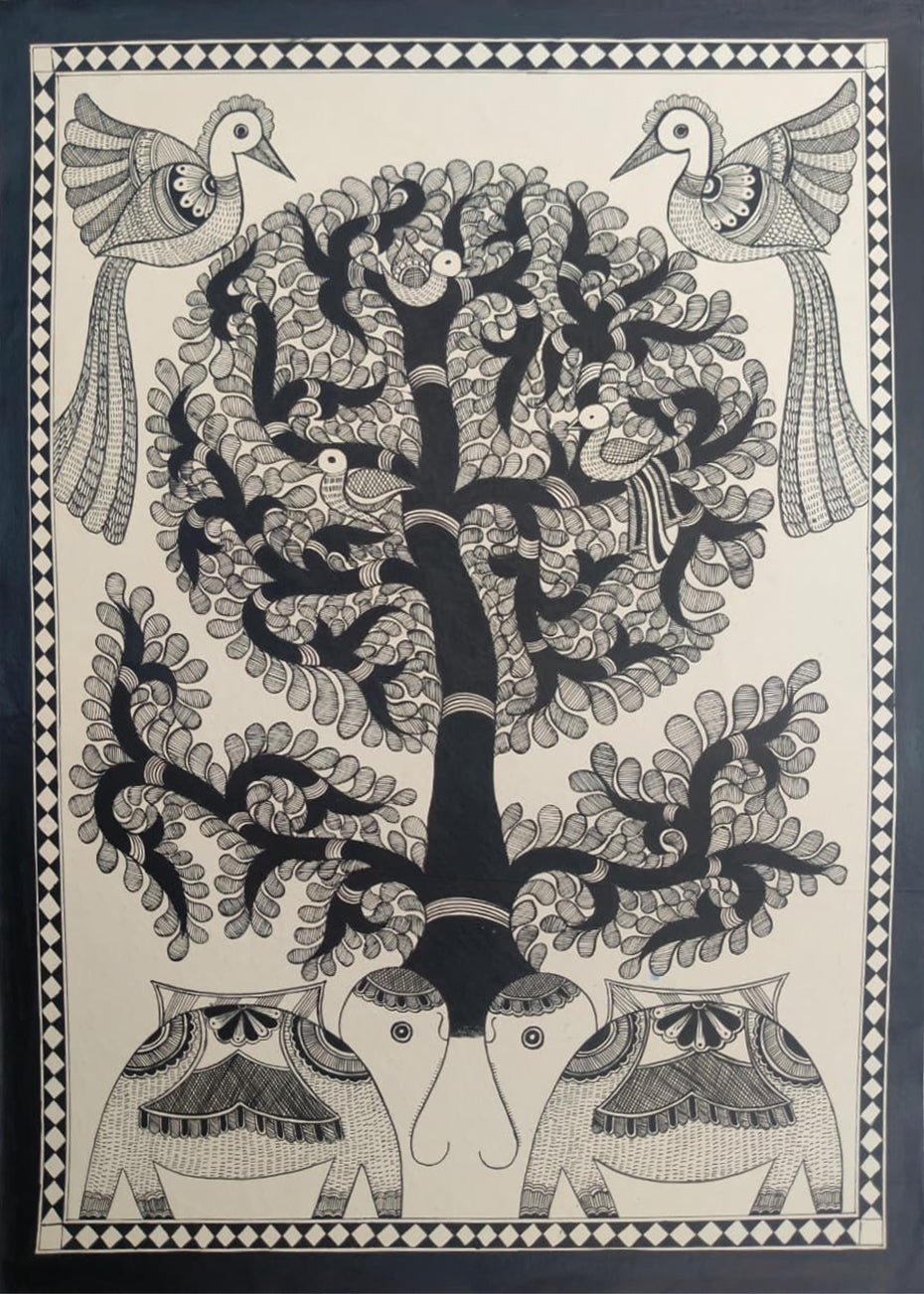 Monochrome tree of life in Madhubani by Ambika Devi Thumbnail