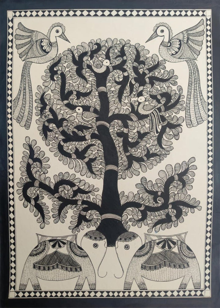 Monochrome tree of life in Madhubani by Ambika Devi Thumbnail