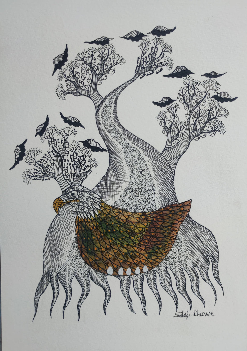Mother Eagle In Gond by Sandeep Dhurve Thumbnail