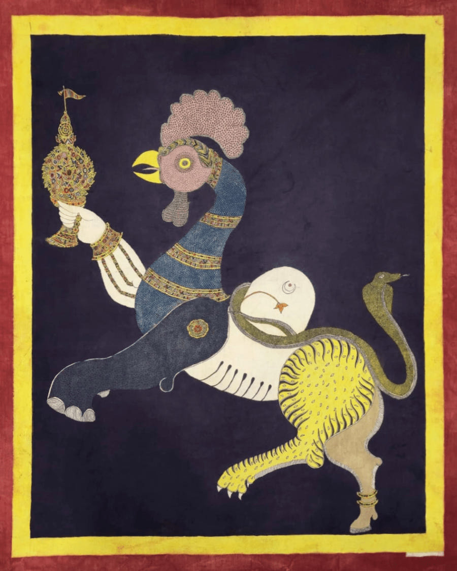 Navagunjara in Mata ni Pachedi by Vasant Manubhai Chittara-Handpainted Artwork