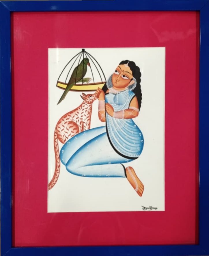 Nayika (Heroine) with Bird and Animal in Kalighat by Uttam Chitrakar Thumbnail