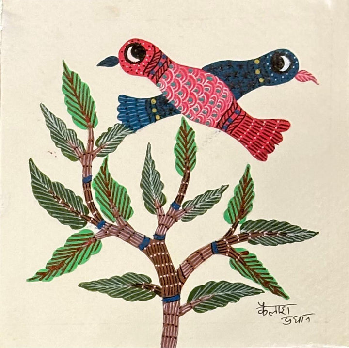 Pair of birds in Gond by Kailash Pradhan Thumbnail