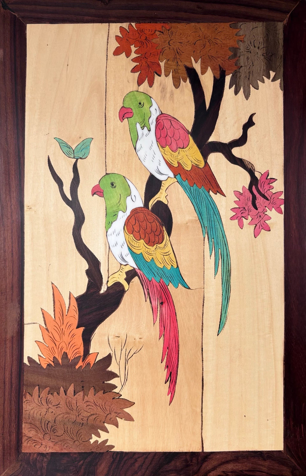 Pair of parrots in wood inlay by Mohan Kumar Thumbnail