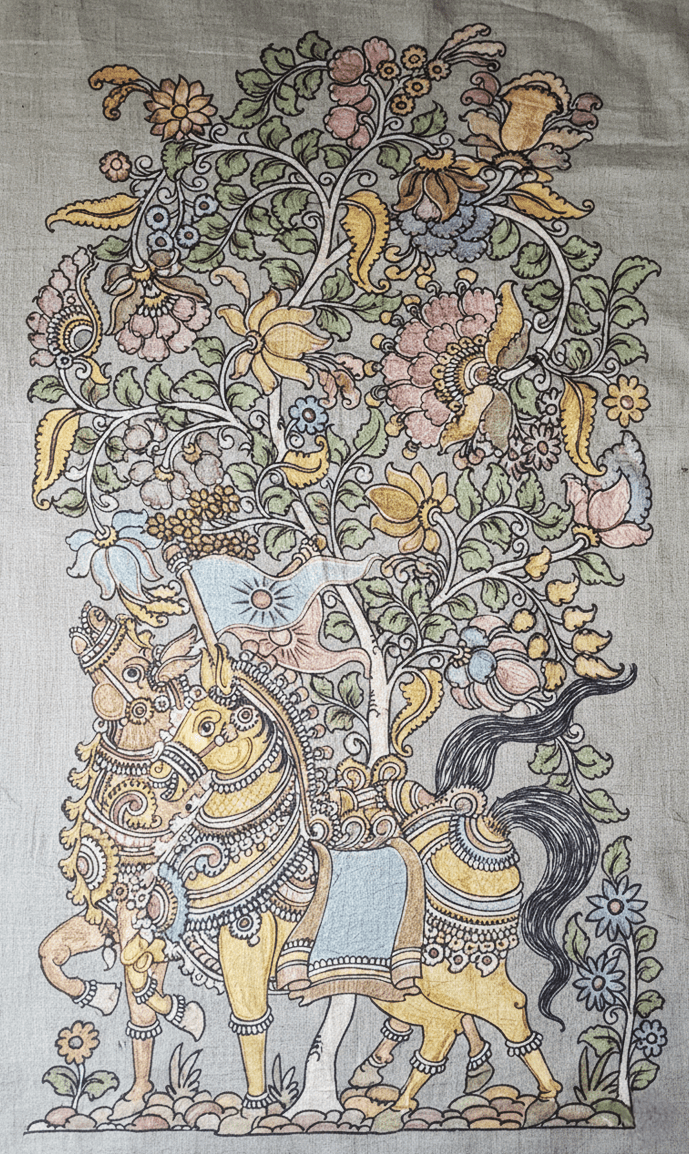 Pair of Royal Horses Standing Beneath the Tree of Life in Kalamkari by Sudheer Thumbnail