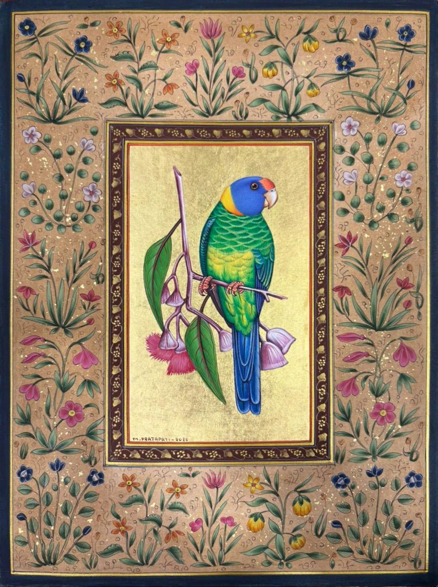 Parakeet Beneath a Golden Firmament in Mughal Miniature by Mohan Prajapati Thumbnail