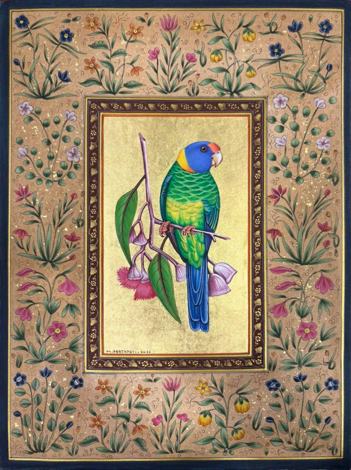 Parakeet Beneath a Golden Firmament in Mughal Miniature by Mohan Prajapati Thumbnail