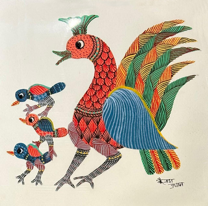 Peacock and companions in Gond by Kailash Pradhan Thumbnail