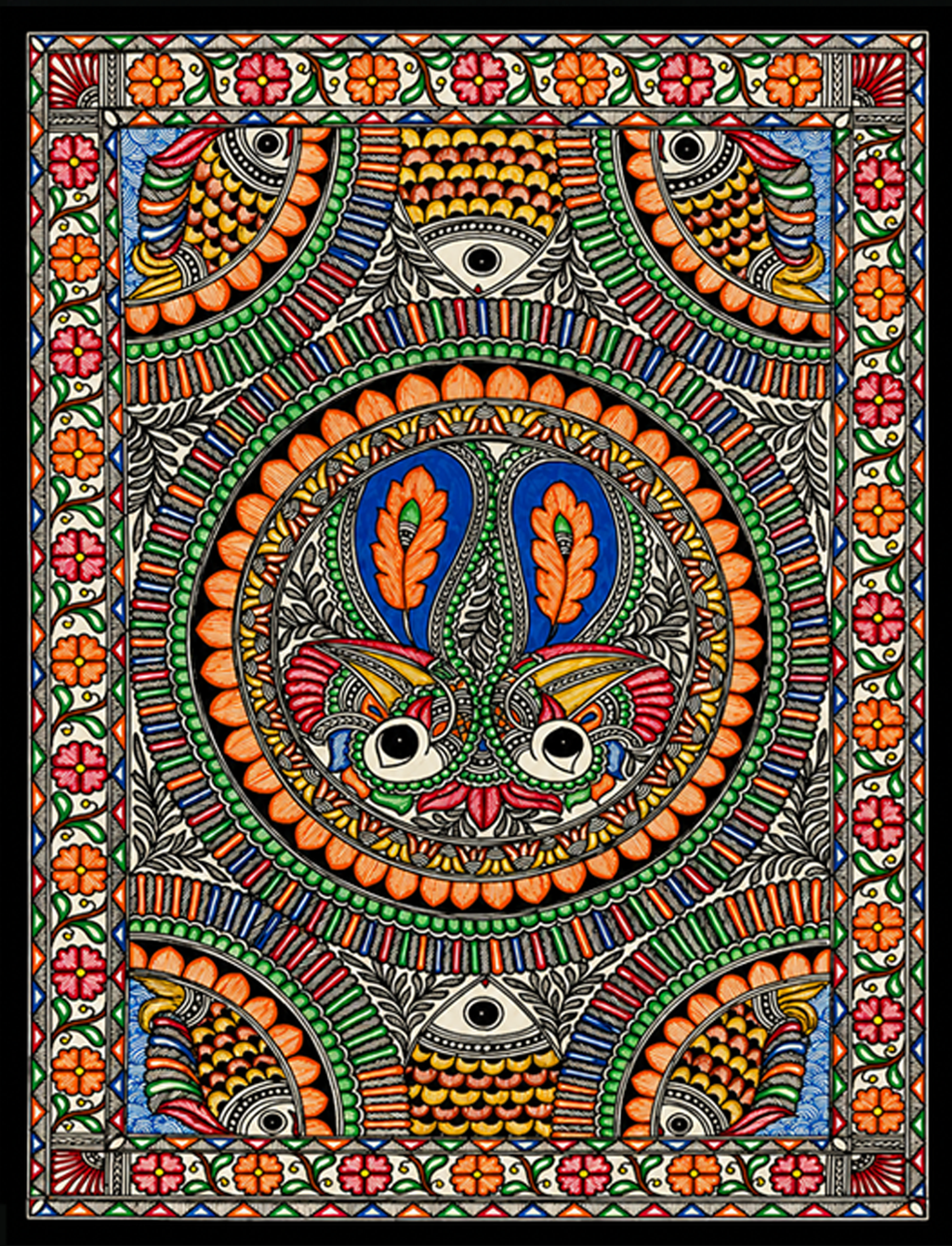 Peacock and Fish in Madhubani by Pratima Bharti Thumbnail