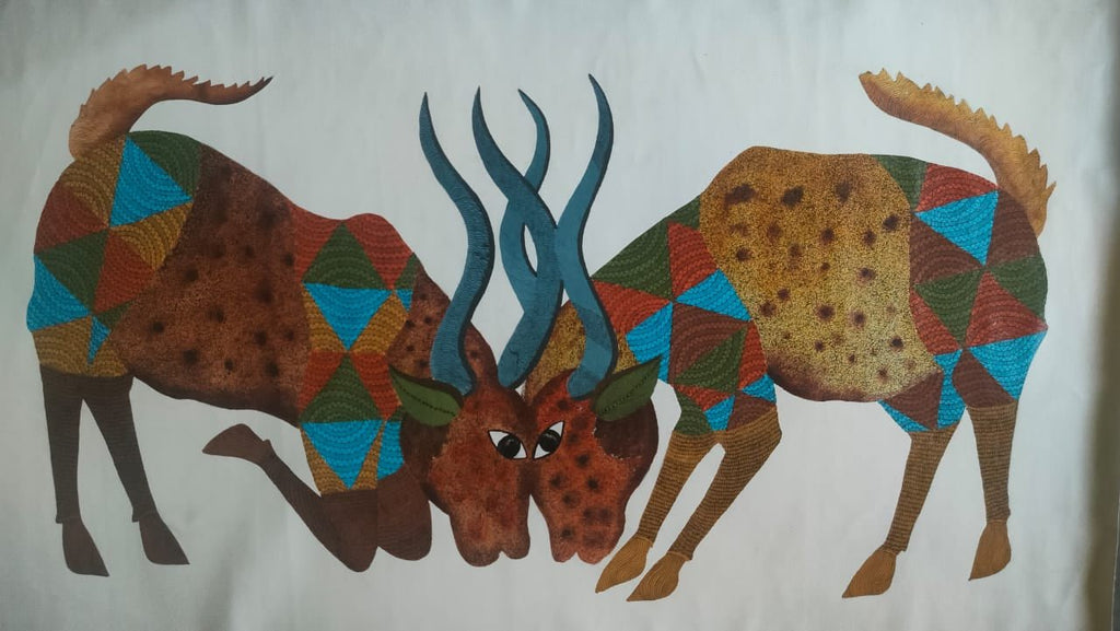 Playful Deer in Gond by Sukhiram Maravi Thumbnail
