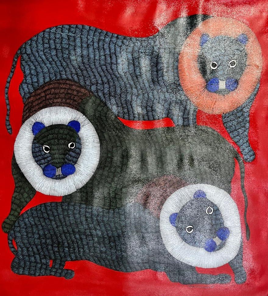 Pride of Lions in Gond by Gareeba Singh Tekam Thumbnail