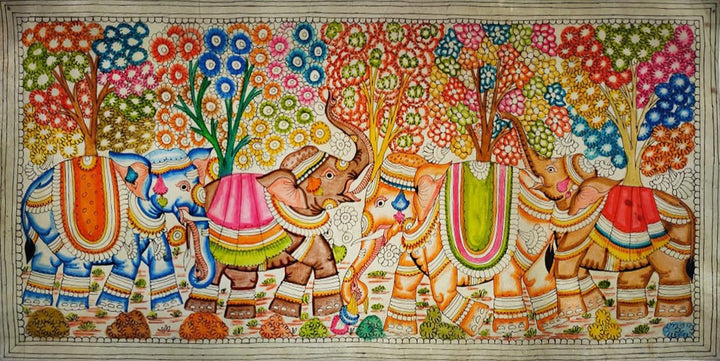 Procession of Royal Elephants Amidst Nature in Tholu Bommalata by Sindhe Siva Thumbnail