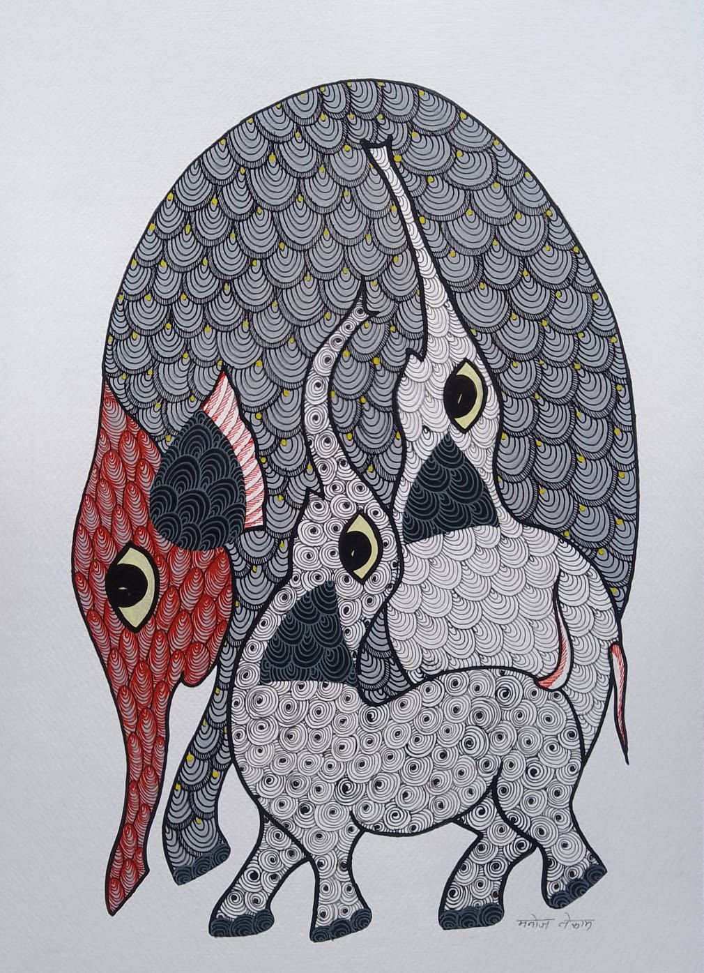 Protective mother elephant with calves in Gond by Manoj Tekam Thumbnail