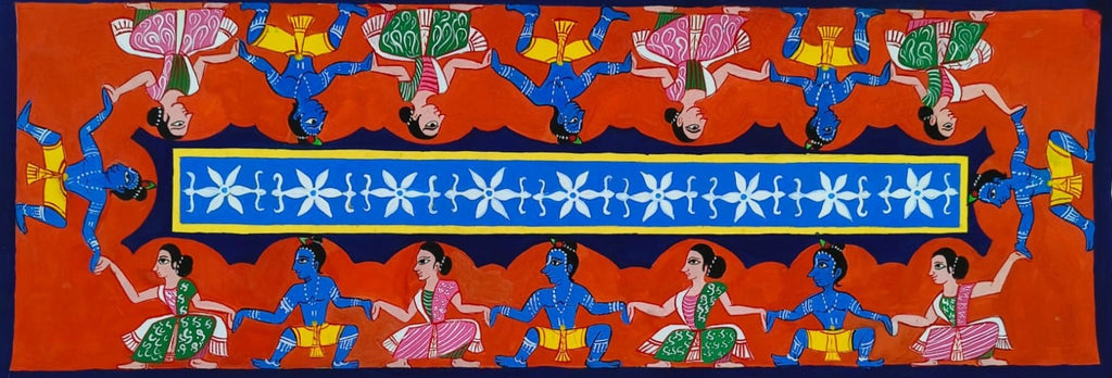 Raas Leela: Lord Krishna with Gopis in Vrindavan in Manuscript Painting by Sujit Das Thumbnail