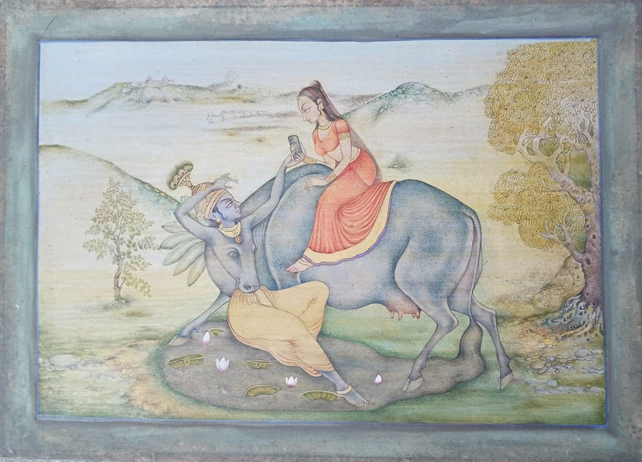 Radha, Krishna and His Beloved Cow in Miniature by Asharam Meghwal-Handpainted Artwork