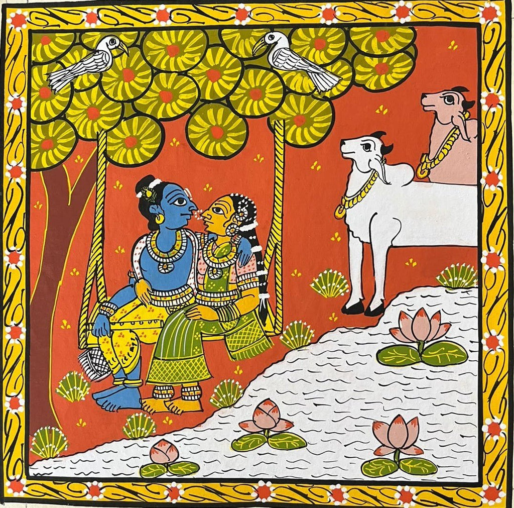 Radha Krishna and the Cows in Cheriyal Scroll by Dhanalakota Rakesh Thumbnail