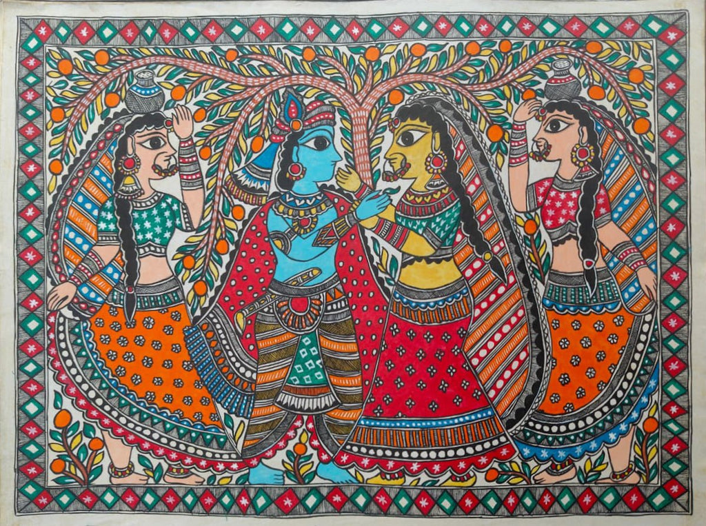 Radha Krishna flanked by gopis in Madhubani by Ambika Devi Thumbnail