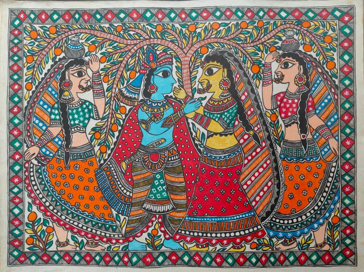 Radha Krishna flanked by gopis in Madhubani by Ambika Devi Thumbnail