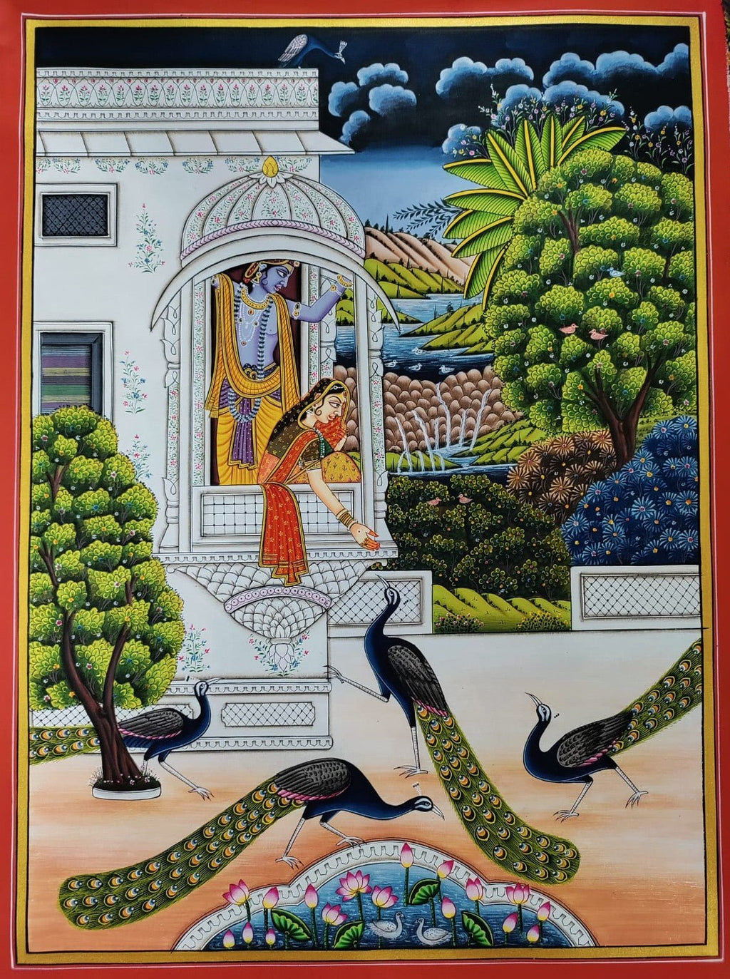 Radha Krishna in Jharokha in Pichwai by Dinesh Soni Thumbnail