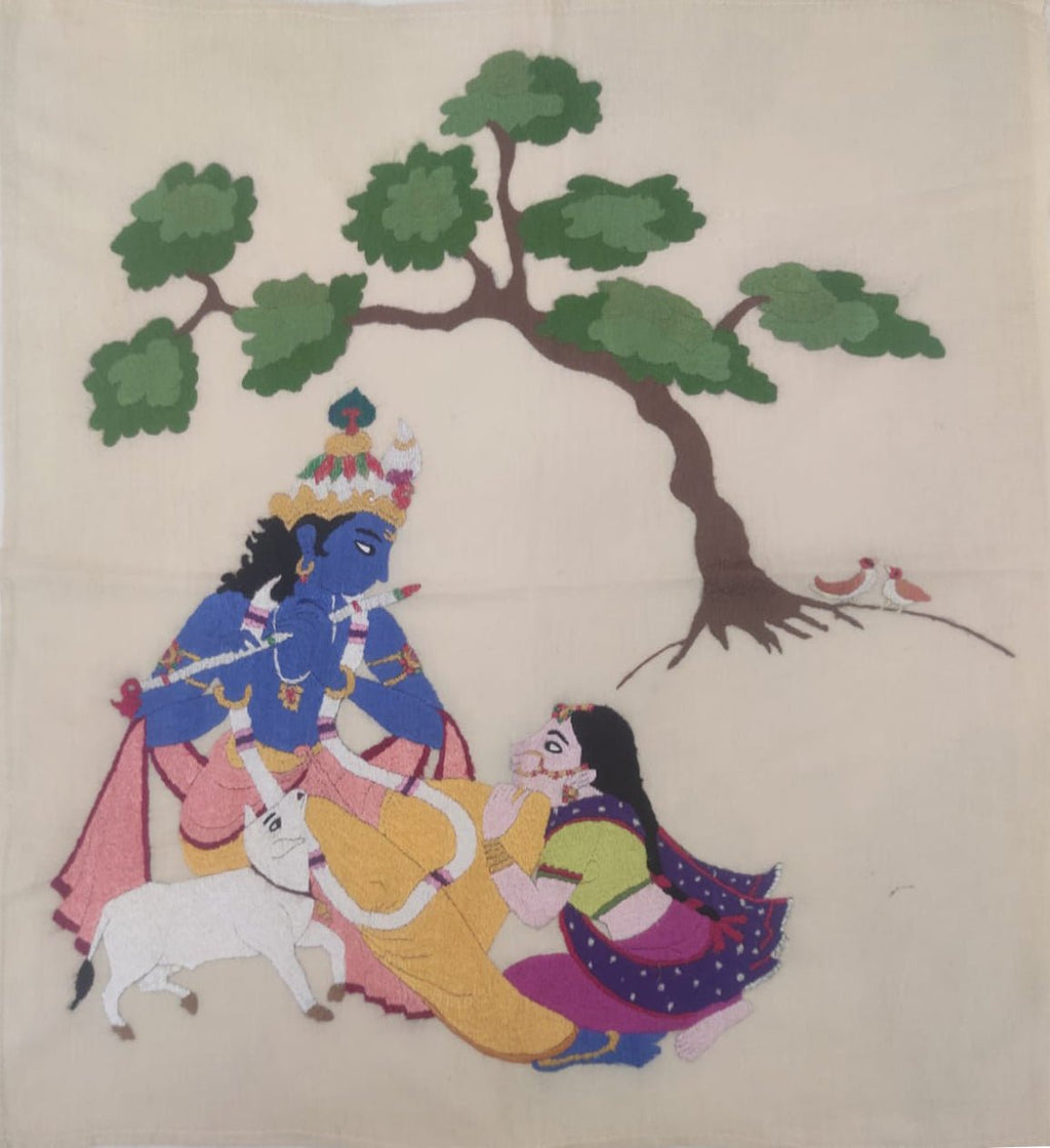 Radha Krishna with Calf in Chamba Rumal painting by Anjali Vakil Thumbnail