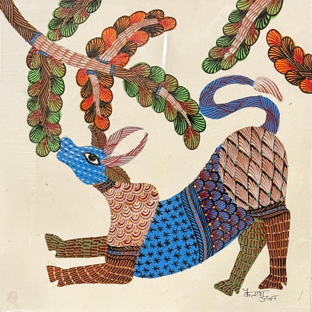 Resting deer under the foliage in Gond by Kailash Pradhan Thumbnail