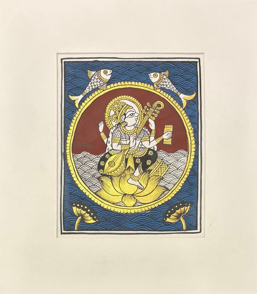 Saraswati in a blooming lotus bud in Phad by Kalyan Joshi Thumbnail