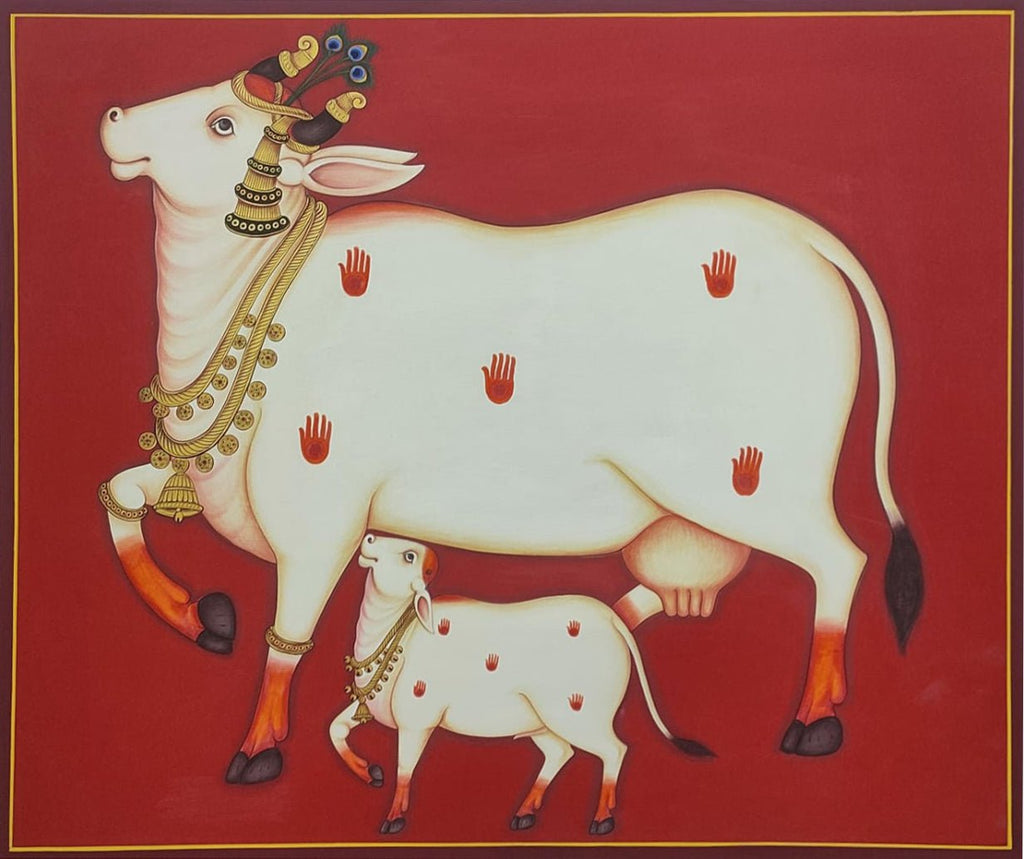 Selfless Love: Kamdhenu and Calf in Pichwai by Dinesh Soni Thumbnail