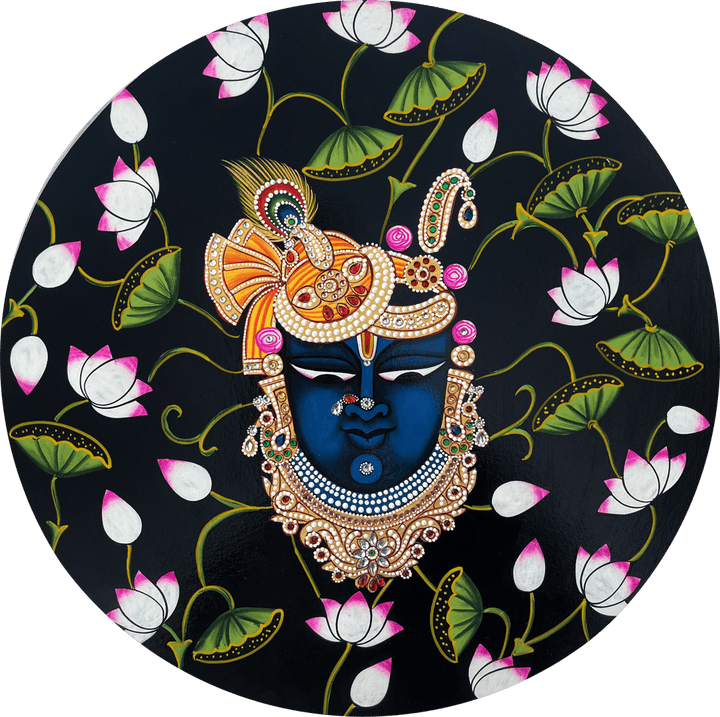 Shrinathji with Lotus Motifs in Pichwai painting by Naveen Soni Thumbnail