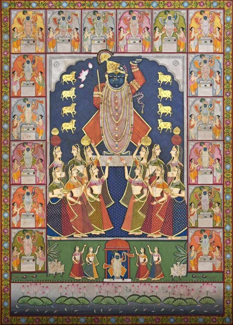 Shrinathji's Divine Assembly: Cows, Gopis and Priests in Pichwai Painting by Shehzaad Ali Sherani Thumbnail