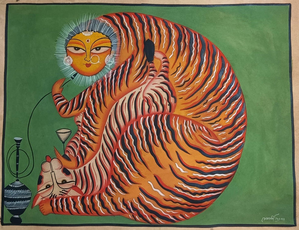 The Anthropomorphic Tiger with Hookah in Kalighat Painting by Sonali Chitrakar Thumbnail