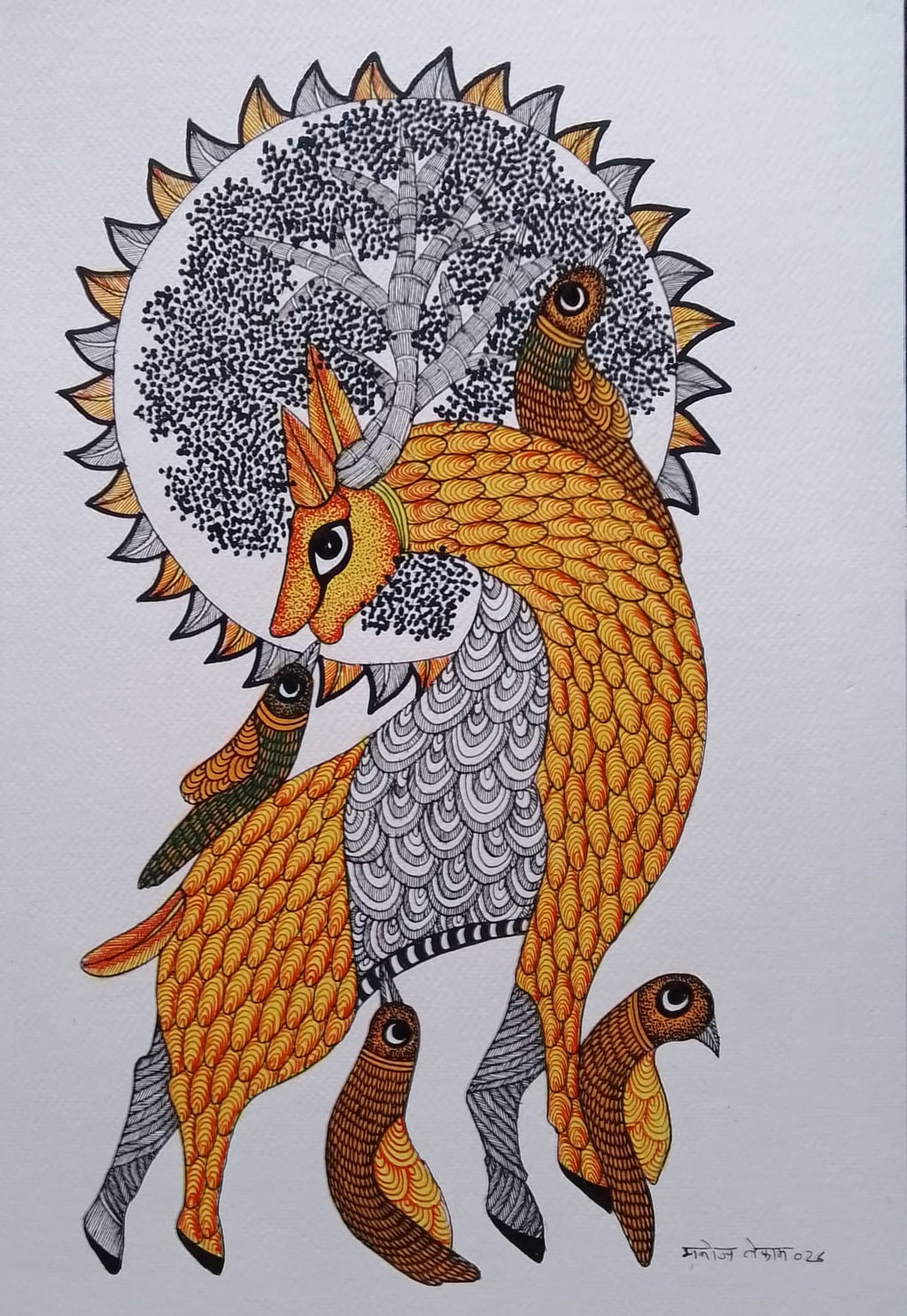 The Antlered Stag and the Solar Tree in Gond by Manoj Tekam Thumbnail