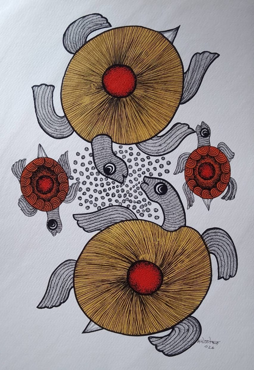 The Assembly of Turtles in Gond by Manoj Tekam Thumbnail