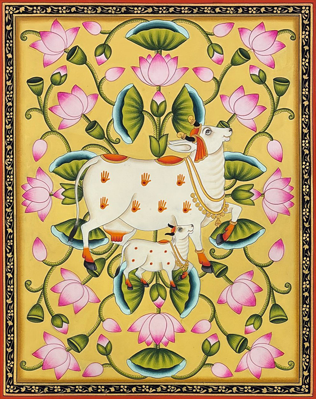 The Blooming Lotuses-Kamdhenu and Calf in Pichwai by Dinesh Soni Thumbnail