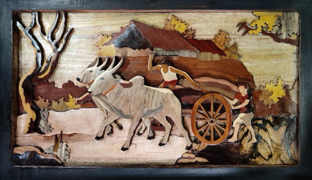 The Bullock cart in Wood Inlay 3D panel by Mohan Kumar Thumbnail