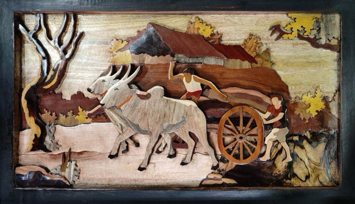 The Bullock cart in Wood Inlay 3D panel by Mohan Kumar Thumbnail