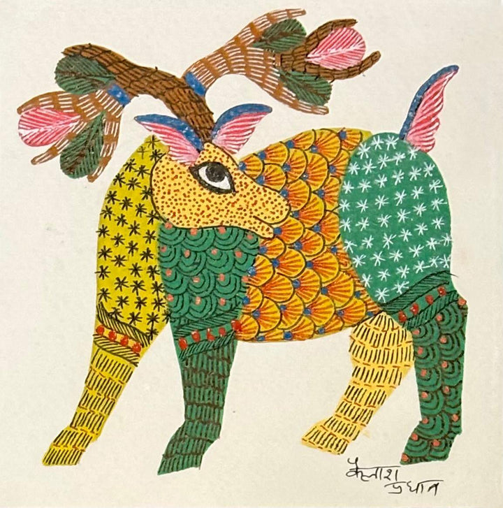 The calm deer in Gond by Kailash Pradhan Thumbnail