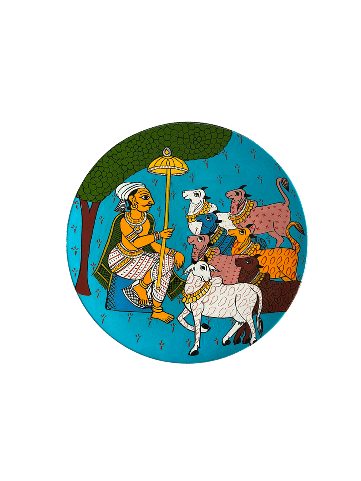 The Cowherd and his Cattle in Cheriyal Scroll Wall Plate by Dhanalakota Rakesh Thumbnail