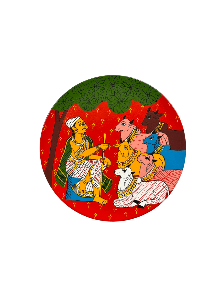 The Cowherd and his Cattle in Cheriyal Scroll Wall Plate by Dhanalakota Rakesh Thumbnail