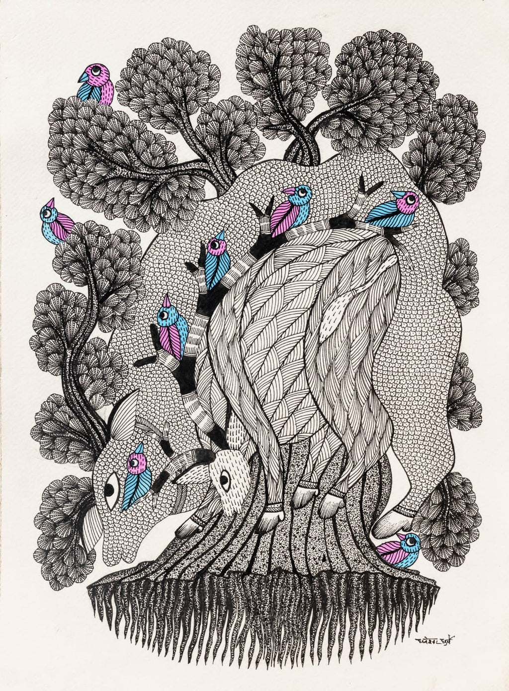 The Deer-Tree in Gond by Dhneshwar Dhurwey Thumbnail