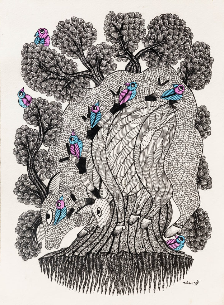 The Deer-Tree in Gond by Dhneshwar Dhurwey Thumbnail