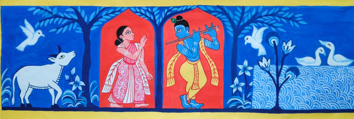 The Divine Connection: Radha with Lord Krishna in Vrindavan in Manuscript Painting by Sujit Das Thumbnail