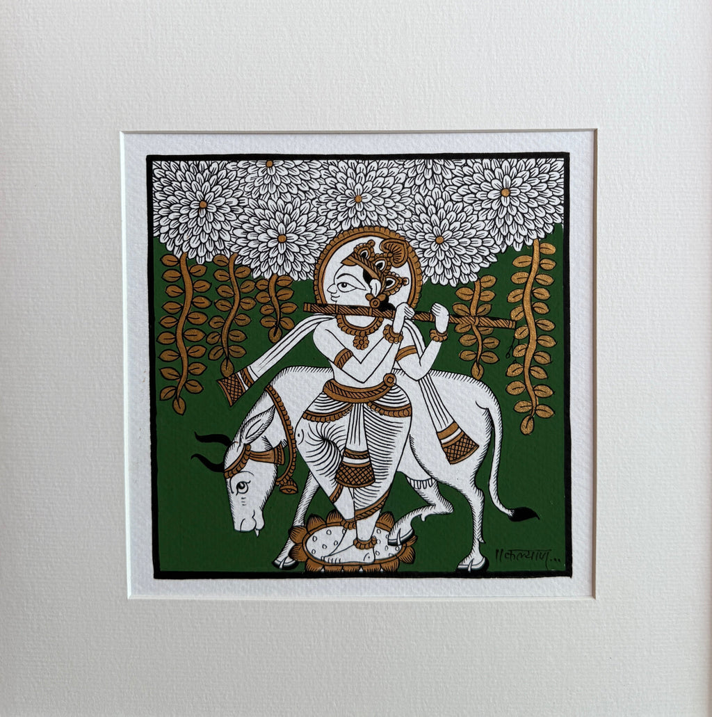 The Divine Cowherd: Lord Krishna with Sacred Cow in Phad Painting by Kalyan Joshi Thumbnail