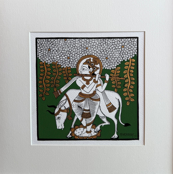 The Divine Cowherd: Lord Krishna with Sacred Cow in Phad Painting by Kalyan Joshi Thumbnail