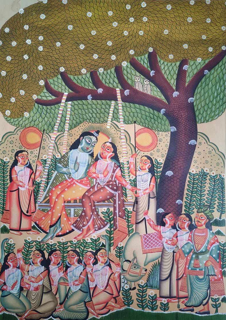 The Divine Leela's of Lord Krishna: Radha, Lord Krishna and The Gopis on a Swing in Kalighat by Hasir Chitrakar Thumbnail