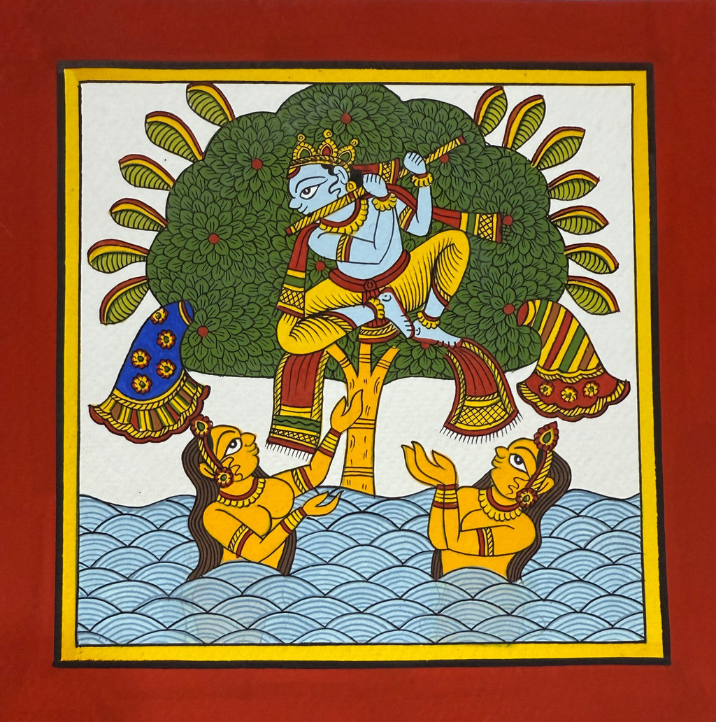 The Divine Leelas of Lord Krishna: Vastraharan in Phad Painting by Kalyan Joshi Thumbnail