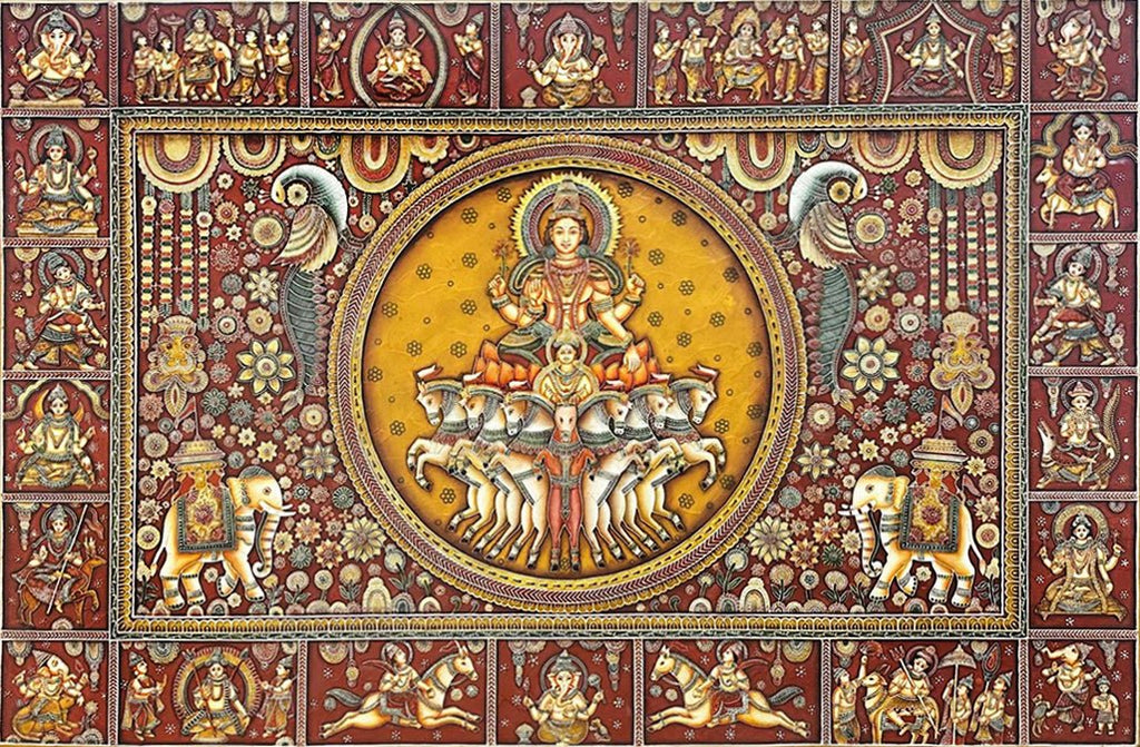 The Divine Revelation: Lord Surya and Deities in Stone Dust painting by Amita Sachdeva Thumbnail