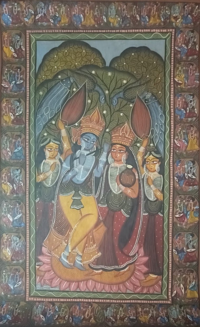 The Divine Union: Radha and Lord Krishna with Gopis in Kalighat and Pattachitra Art by Sonali Chitrakar Thumbnail